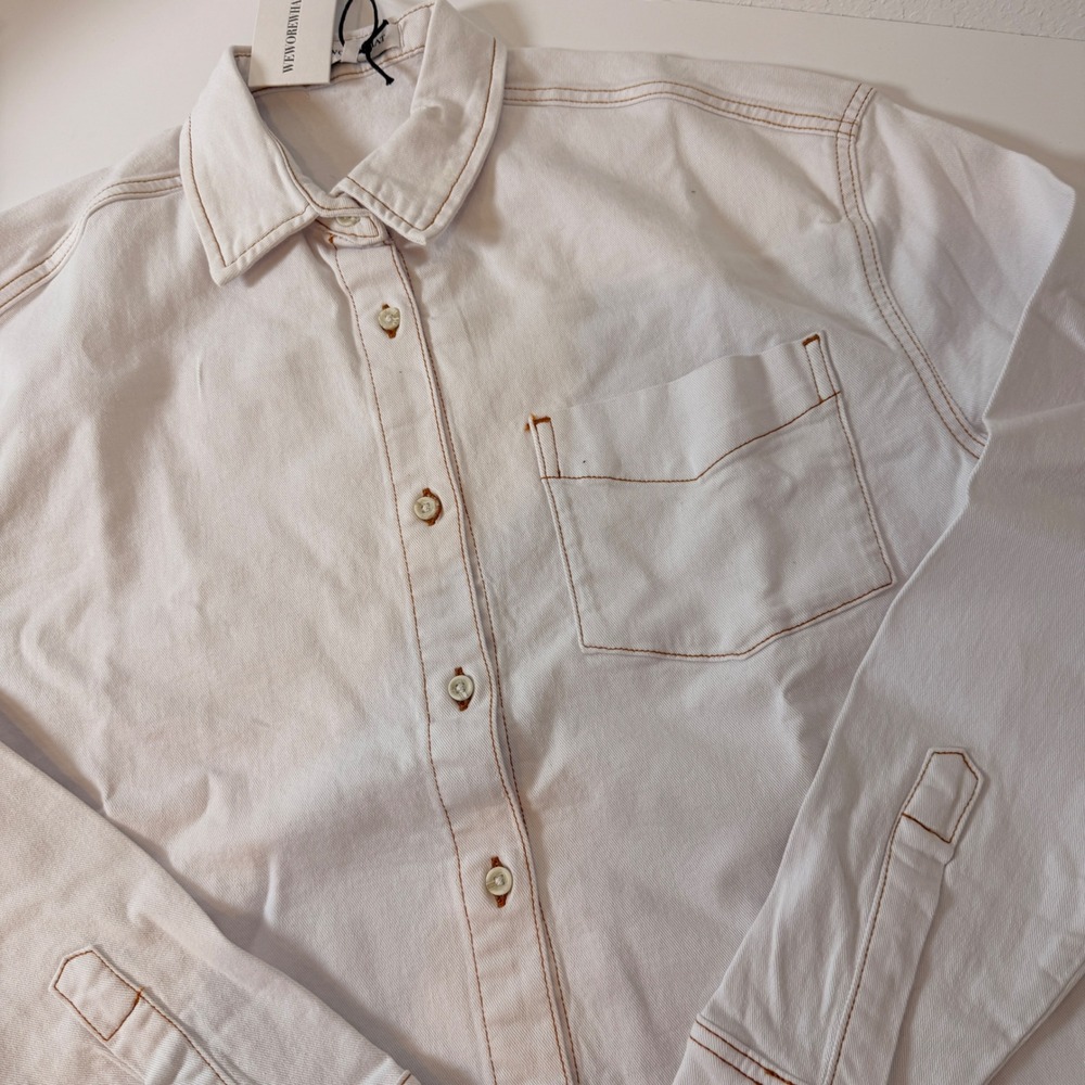 WeWoreWhat Boyfriend Shirt White Stretch Denim Contrast Stitch XS/S
